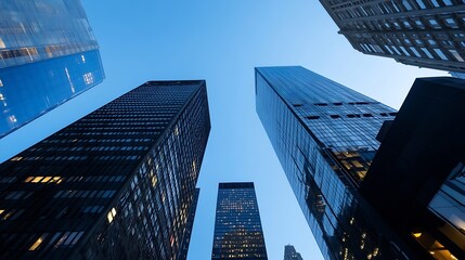 Poster - Stunning skyscrapers towering against the evening sky showcasing urban architecture and modernity : Generative AI