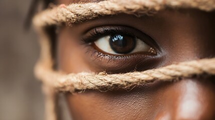 Poster - CloseUp of Eye Captured with Rope Symbolizing Restraint and Inner Strength : Generative AI