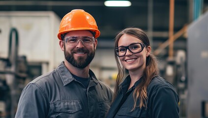 Poster - Factory Workers: Teamwork, Safety Gear, Industrial Jobs, Manufacturing, Hard Hats, Safety Glasses, Skilled Labor, Production Line