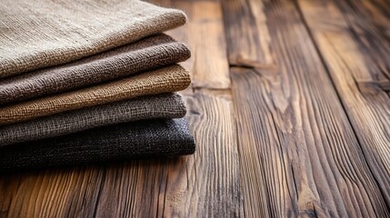 Aufkleber - Neatly folded natural linen fabrics in earthy tones displayed on a rustic wooden table surface : Generative AI