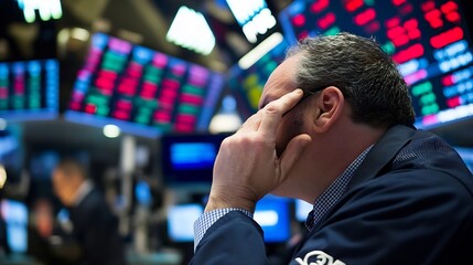 Poster - Concentrated stock trader analyzing market trends on bright digital displays in a trading room : Generative AI