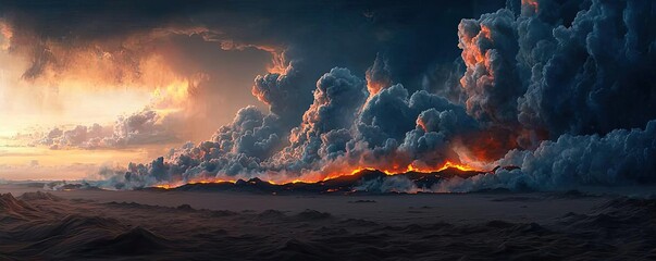 Poster - Volcanic landscapes concept. Stunning sunset over dunes with dramatic clouds and vibrant colors illuminating the sky.