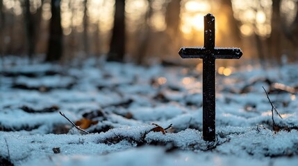 Poster - A serene view of a cross standing alone in a snowy forest during sunset : Generative AI