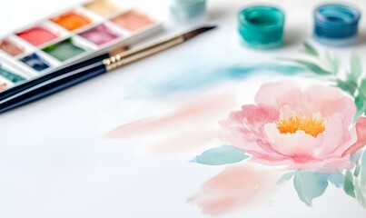 Wall Mural - design of an elegant pink peony flower with a watercolor splash, painted on white paper, Generative AI