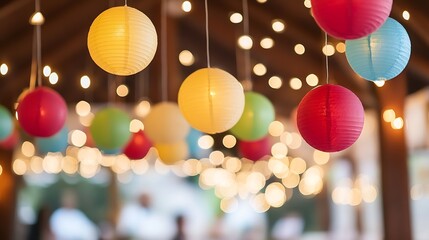 Poster - Colorful Paper Lanterns Hanging with Soft Fairy Lights for a Festive Atmosphere : Generative AI