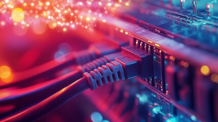 Poster - A conceptual depiction of contemporary digital network infrastructure, showcasing bright neon-lit cables and servers to highlight cutting-edge data transfer technology and connectivity in the digital