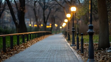 Poster - Tranquil pathway lined with warm street lamps illuminating a serene park at twilight : Generative AI