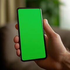 Poster - An individual holding a device with a bright green screen display in a modern setting