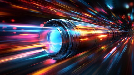 Poster - A futuristic view of a network switch featuring bright blue and orange illuminated ethernet cables