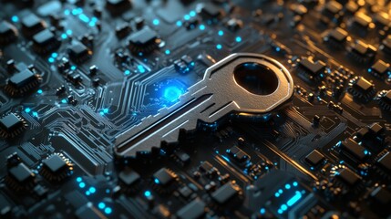 An illuminated digital key against a backdrop of a futuristic circuit board, highlighted by intricate details and neon lights, symbolizing the forefront of cybersecurity and technological innovation