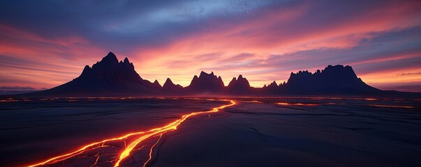 Poster - Volcanic landscapes concept. Stunning sunset over volcanic mountains with flowing lava and vibrant skies.