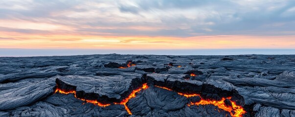 Poster - Volcanic landscapes concept. Majestic view of glowing lava against a dramatic sunset sky.