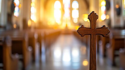 Aufkleber - Beautiful interior of a church with a wooden cross as the focal point in soft glowing light : Generative AI