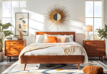 Wall Mural - A mid-century modern bedroom with an elegant bed, dressers, and nightstands in light wood tones, accented by warm earthy colors like beige or cream. The room features large windows for natural 