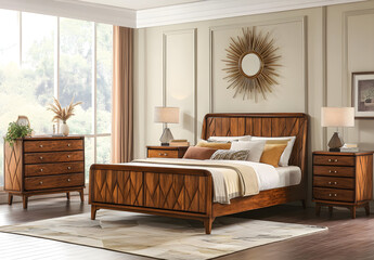 Wall Mural - A mid-century modern bedroom with an elegant bed, dressers, and nightstands in light wood tones, accented by warm earthy colors like beige or cream. The room features large windows for natural 