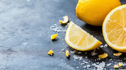 Aufkleber - Fresh ripe lemons on dark stone background with slices and zest conveying a refreshing and sour essence : Generative AI