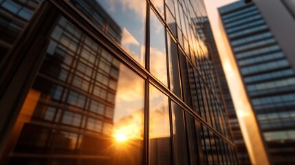Poster - Modern building reflecting sunset light on glass facade creating a striking urban skyline view : Generative AI