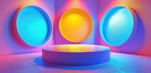 Poster - A vibrant abstract background showcasing colorful circular light patterns against a smooth surface. Ideal for creative projects and digital designs. Copy space