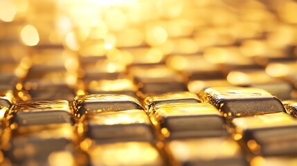 Poster - Glittering gold bars stacked together creating a luxurious and reflective surface under bright light : Generative AI