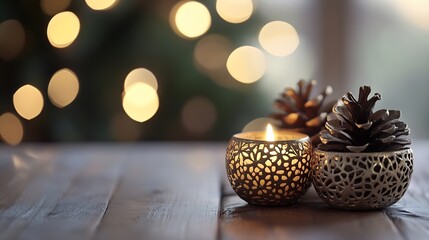 Aufkleber - Serene candlelight with pinecones creating a cozy feeling perfect for fall and winter evenings at home : Generative AI