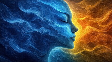 Poster - A closeup of a womans face featuring a mesmerizing blue and orange swirl design