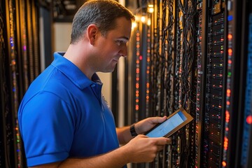 Poster - Technician Reviews Server Room Data on Tablet Efficiently and Carefully