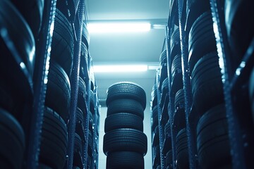 Poster - Tire Stacks in Warehouse: Rows of Rubber Vehicle Tires Stored Vertically Inside a Tire Storage Facility, Efficiently Organized