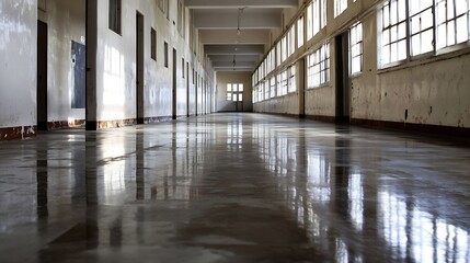 Poster - Abandoned corridor in an empty building with natural light illuminating the polished floor and aged walls : Generative AI