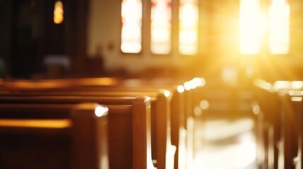 Poster - Sunlight streaming through stained glass windows in an empty church creating a sacred atmosphere : Generative AI