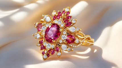 Wall Mural - A pink sapphire and diamond ring in yellow gold, with intricate details and vibrant colors, resting on soft white fabric under warm sunlight. The focus is sharp against the background of light. 