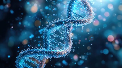 Poster - A D-illustrated genetic helix composed of tiny light particles, symbolizing cutting-edge biotech research.