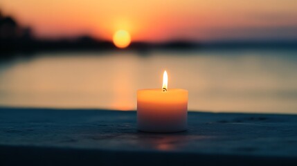 Fototapete - Warm sunset view with a single glowing candle creating a peaceful ambiance : Generative AI
