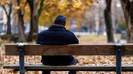 Poster - Solitary figure sitting quietly on a bench in autumn leaves looking lost in thought : Generative AI