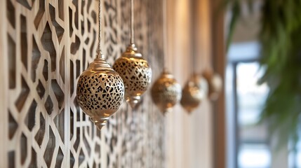 Leinwandbilder - Intricately designed golden lanterns hanging on a decorative wall in a stylish interior : Generative AI