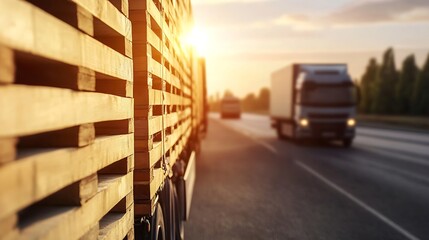 Aufkleber - Trucks on a highway at sunset with pallets showcasing a transport industry scene : Generative AI