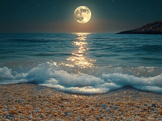 Wall Mural - Moonlit beach stones and swirling golden sand sparkle in the green sea