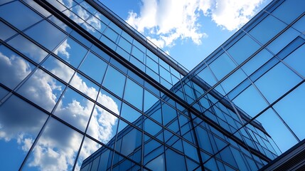 Poster - Modern architectural design featuring gleaming glass buildings reflecting clouds in the sky : Generative AI