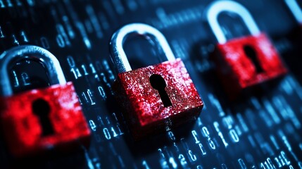 Poster - Close Up of Red Padlocks on Digital Background Representing Data Security and Protection : Generative AI