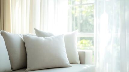 Aufkleber - Stylish and cozy living room interior featuring white cushions plush sofa illuminated by soft natural light : Generative AI