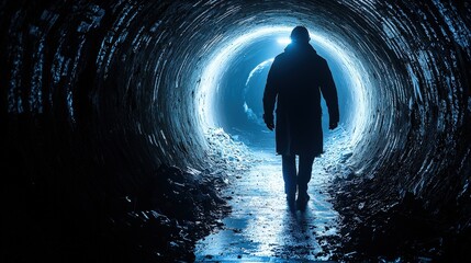 Poster - Man walking through an engaging dark tunnel with a mysterious vibe and intriguing shadows