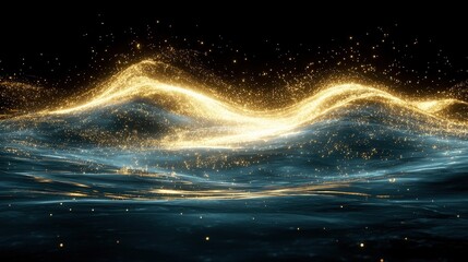 Poster - Dynamic ocean wave with sparkling gold highlights illuminating the water surface