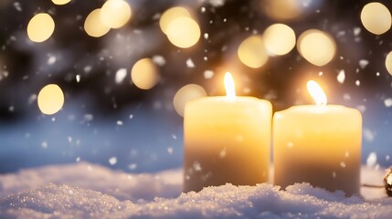 Aufkleber - Peaceful winter scene with flickering candles surrounded by snow and warm glowing lights : Generative AI