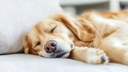 Poster - Golden retriever dog sleeping peacefully on a light colored couch in a cozy home setting : Generative AI