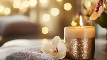 Fototapete - Elegant Spa Setting with Aromatic Candle and Soft Orchid Flower for Relaxation and Comfort : Generative AI