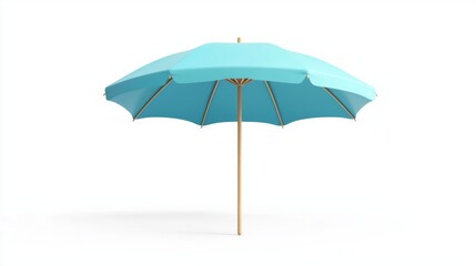 Poster - Bright turquoise umbrella stands tall on the sandy beach, casting a welcoming shade. Perfect for sunbathers and those seeking a peaceful retreat. The clear blue sky enhances the tranquil atmosphere