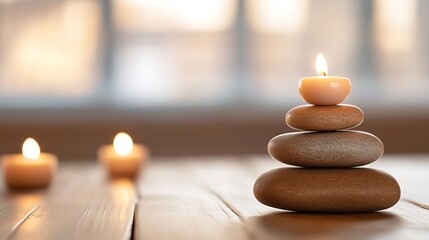 Poster - Tranquil Zen Stones With Candle on Rustic Wooden Table for Relaxation and Meditation : Generative AI