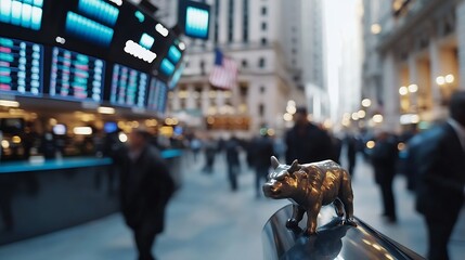 Aufkleber - A bustling scene of Wall Street featuring the iconic bull statue among the financial district skyscrapers : Generative AI