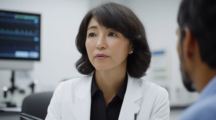 Wall Mural - A 30-year-old Japanese doctor walking down a hospital corridor with a tablet in her hand. She is wearing a white coat, looking confident and approachable.
