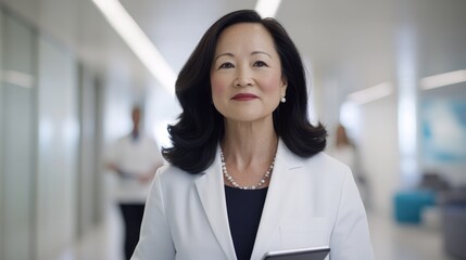 Wall Mural - A 30-year-old Japanese doctor walking down a hospital corridor with a tablet in her hand. She is wearing a white coat, looking confident and approachable.
