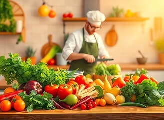 an image of a chef is preparing a meal in the kitchen, there is a man in a chef ' s hat standing in front of a table full of vegetables